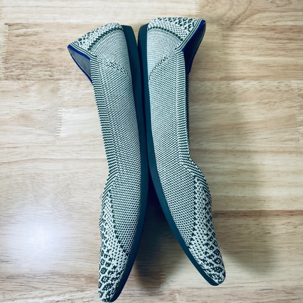 Rothy's The Point Olive Green White Geometric Knit Flats Shoes Women's 9